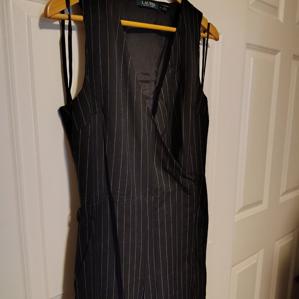 Ralph Lauren Black Pinstripe Pantsuit Sleeveless Flared Pant Belted Office Chic - Picture 8 of 9